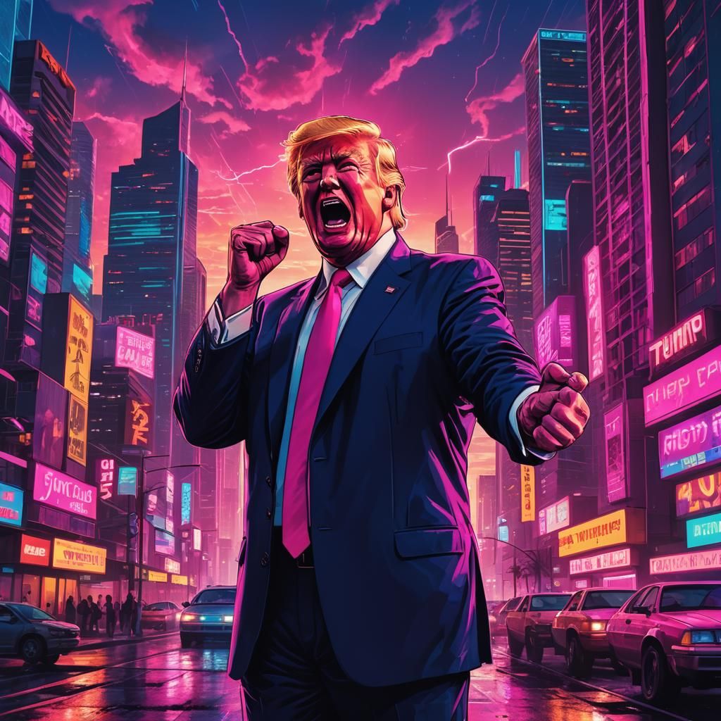 Trump Yelling in Synthwave Neon Retro Cityscape