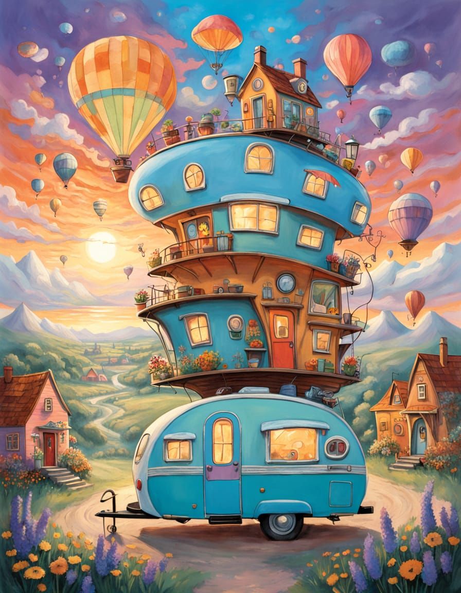 Whimsical Vintage Motorhome with Miniature Town