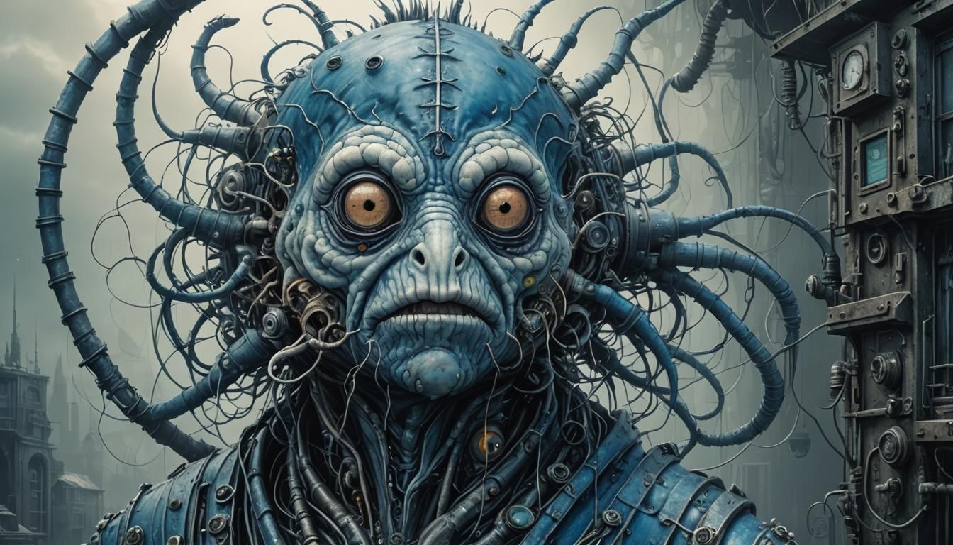 Dystopian Biometric Monkfish in Tim Burton Style