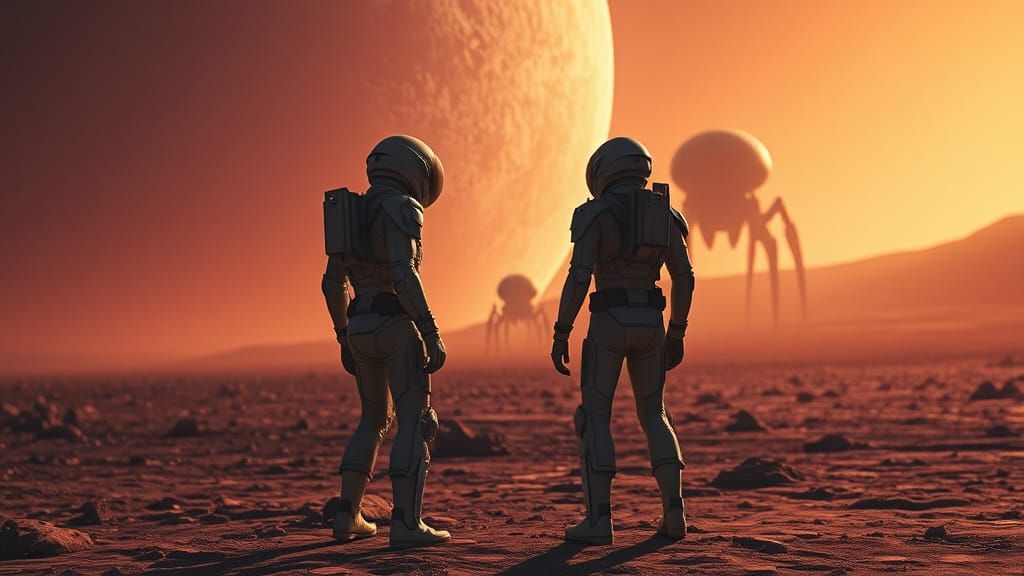 Futuristic First Contact on Alien Moon in Mixed Media