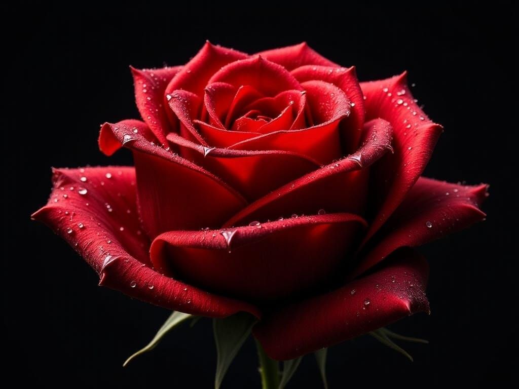Hyperrealistic Red Rose with Dew Drops in Dramatic Light