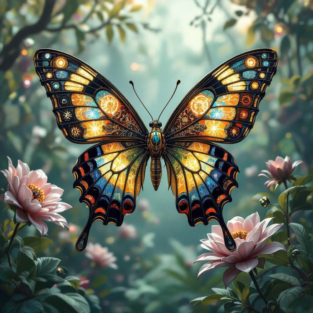 Biomechanical Butterfly with Clockwork Wings in Futuristic G...