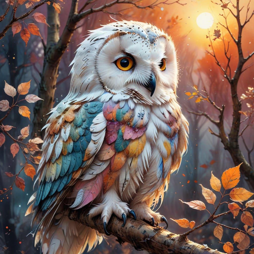 Snow Owl on Autumn Branch, Digital Watercolor Illustration