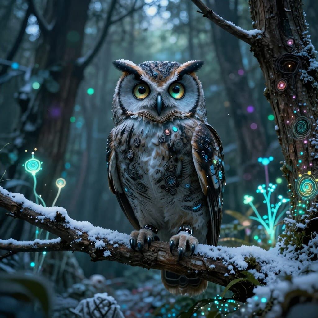 Cybernetic Owl in Bioluminescent Forest