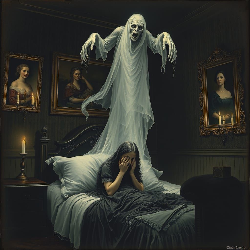 Ethereal Ghost Haunts a Woman in a Haunted Victorian Bedcham...