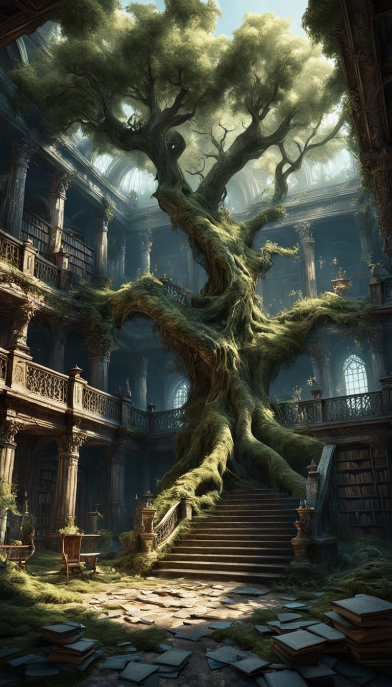 Surreal Abandoned Library with Ancient Wisdom Atmosphere