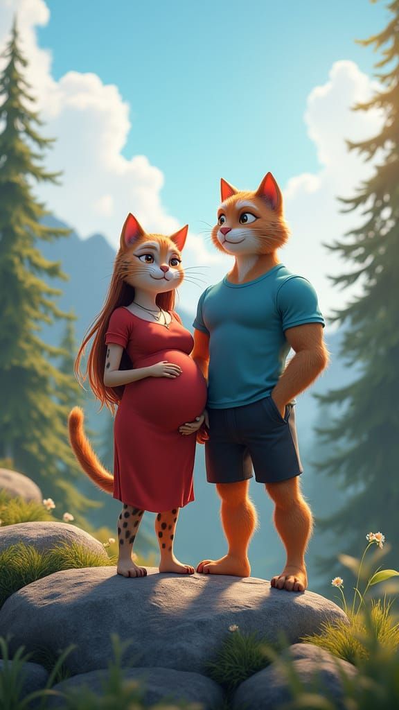Anthropomorphic Cat Couple in Scenic Forest: 3D Anime Art