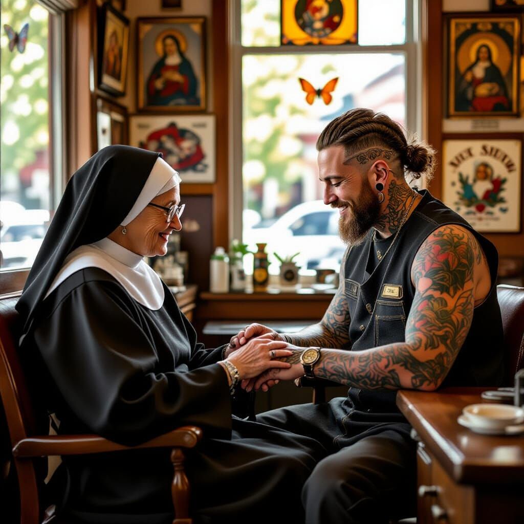 Heartwarming Scene: Nun and Tattoo Artist in Realistic Style