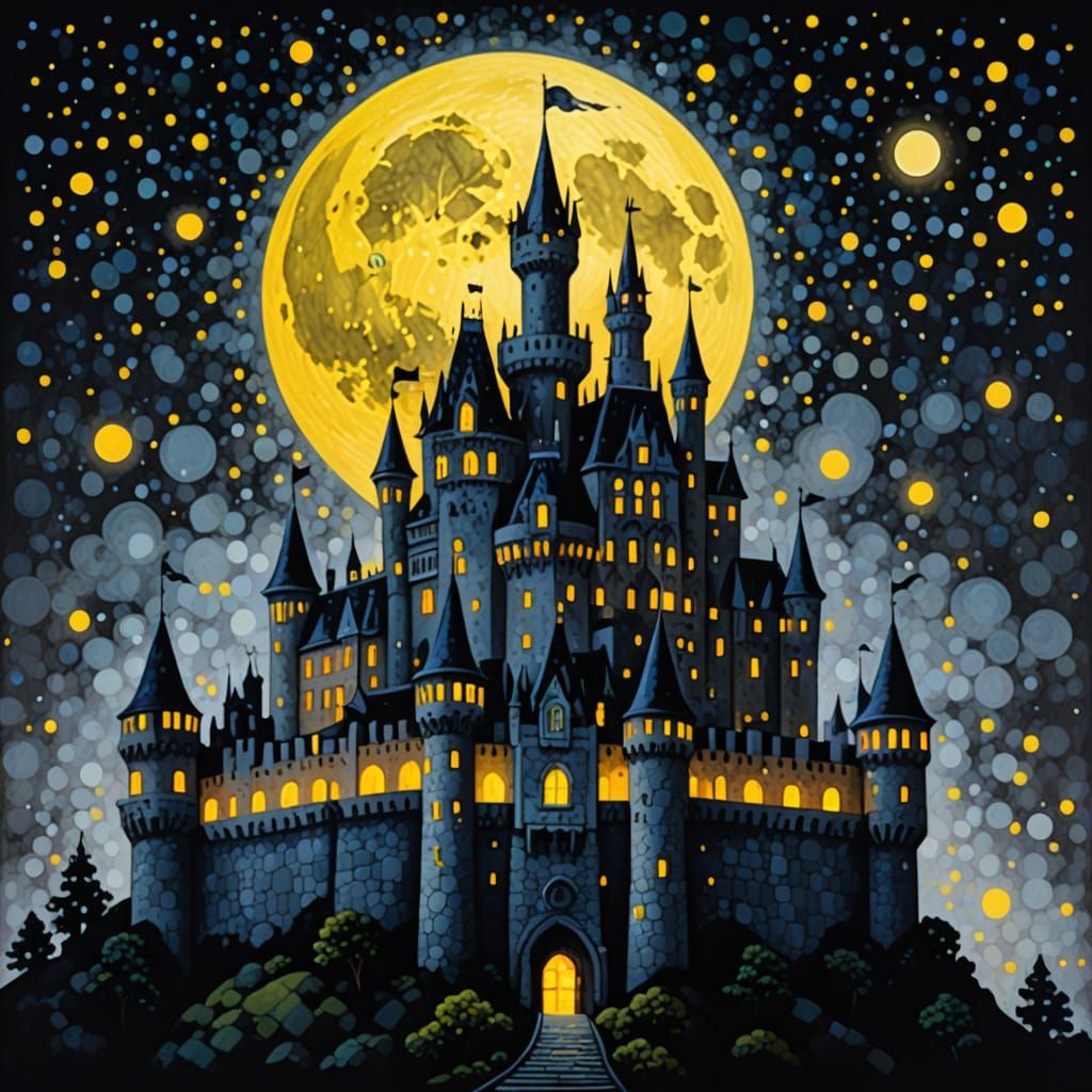 Pointillist Castle Under Full Moon