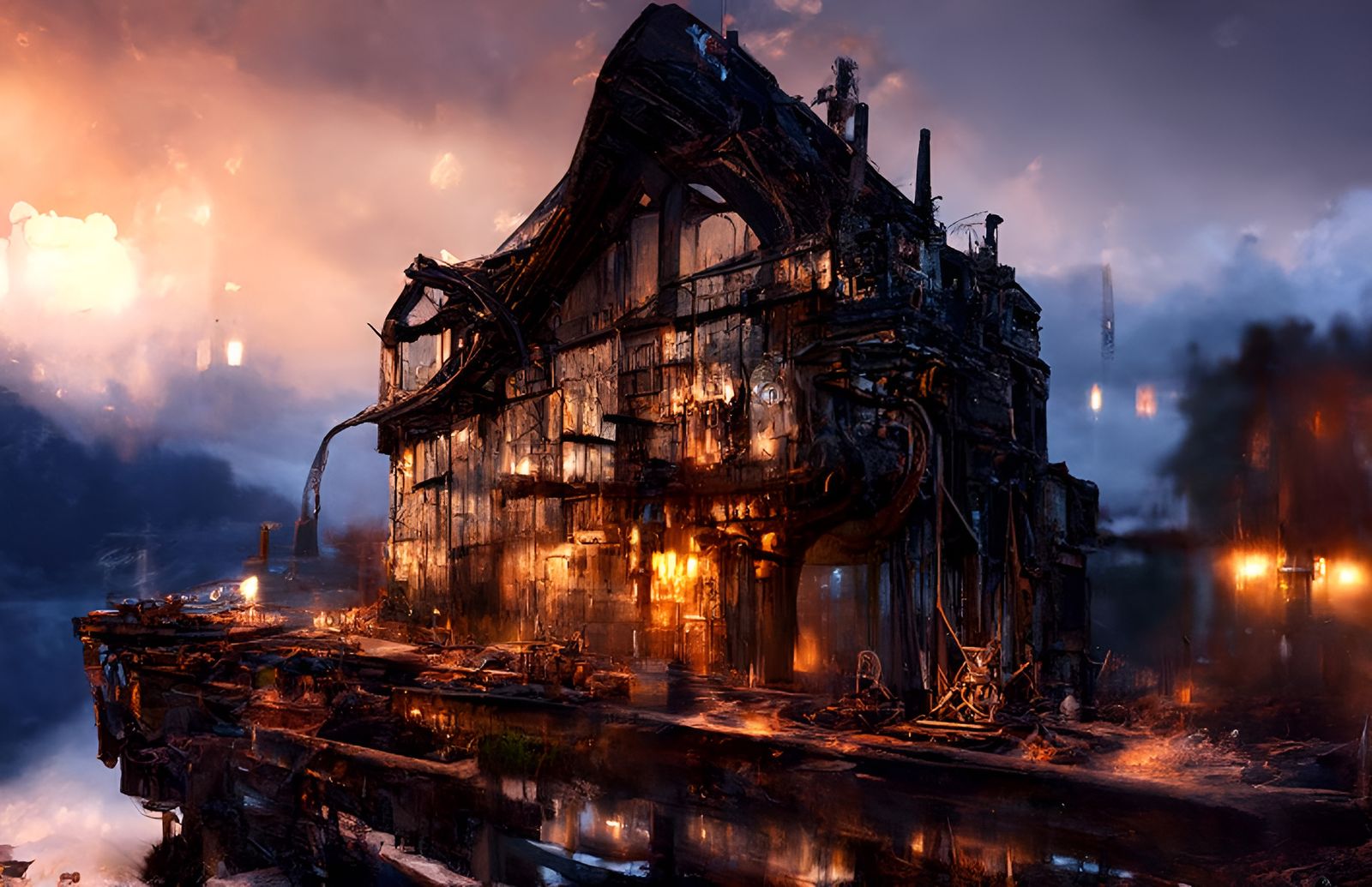 Ghostly Figures Haunt Abandoned Tavern in Cyberpunk Style