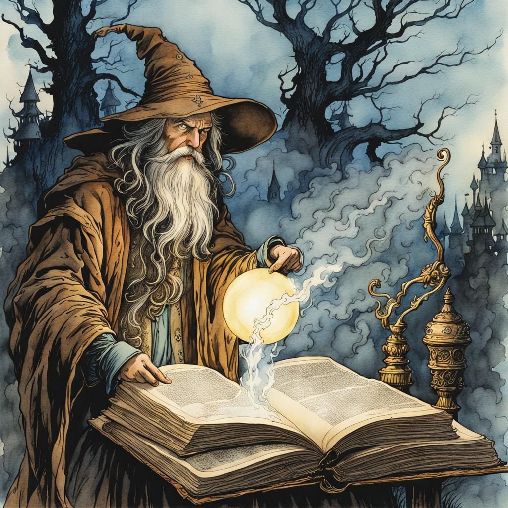 Wizard Casting Spell in Storybook Illustration