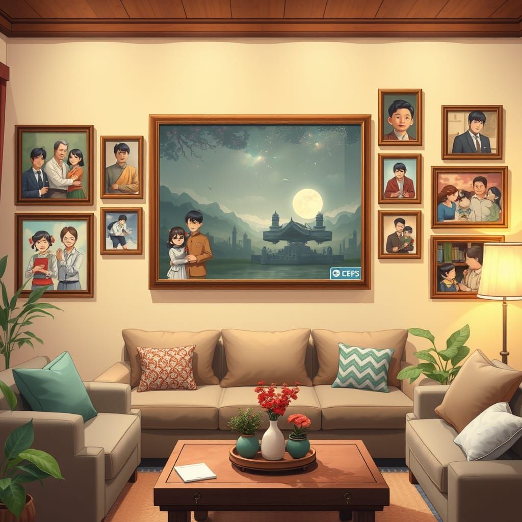 Cozy Anime Living Room Wall of Family History Photos