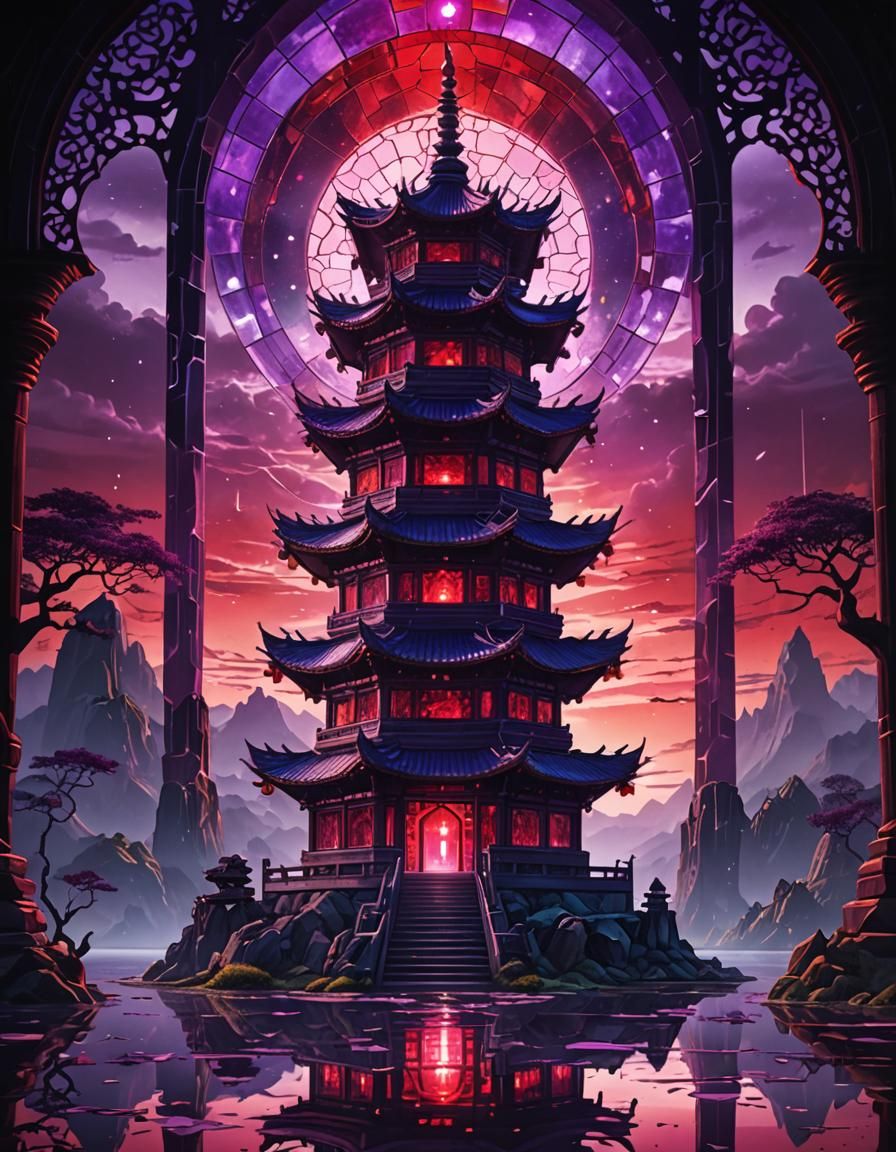 Mystical Pagoda in Crystal, Stained Glass Art
