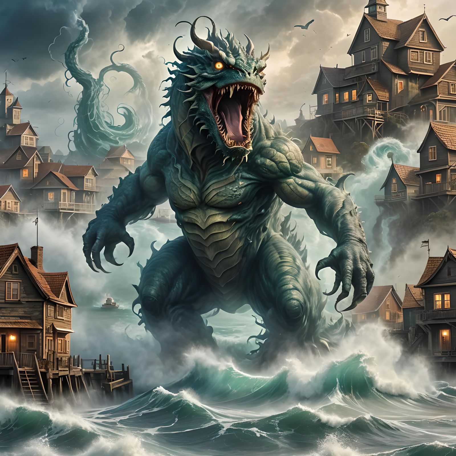 Sea Monster Attack on Fishing Village