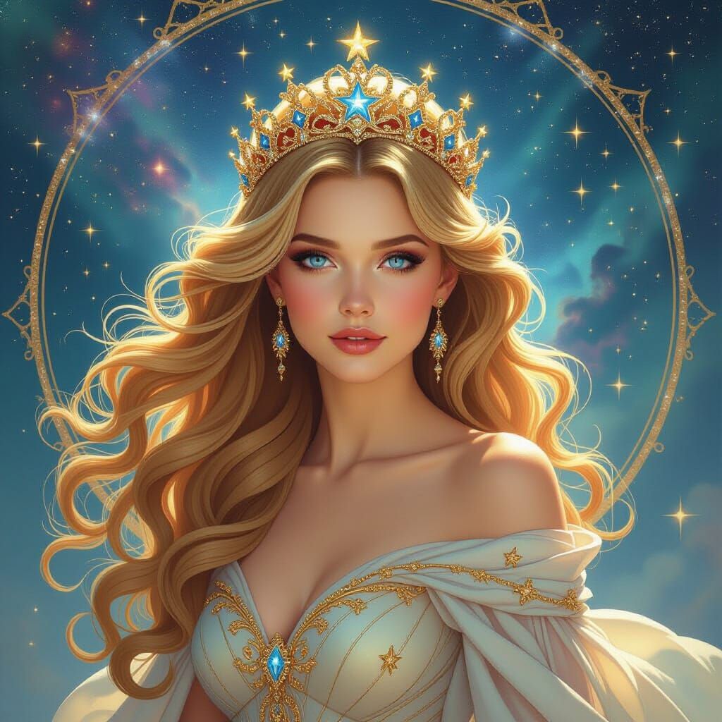 Golden Haired Woman with Star Crown in Art Nouveau Style
