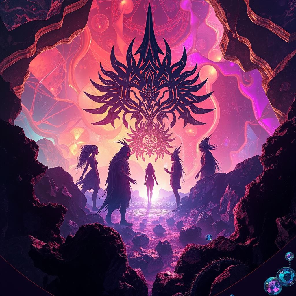 Crystalline Tribal Silhouettes in Fractal Depths