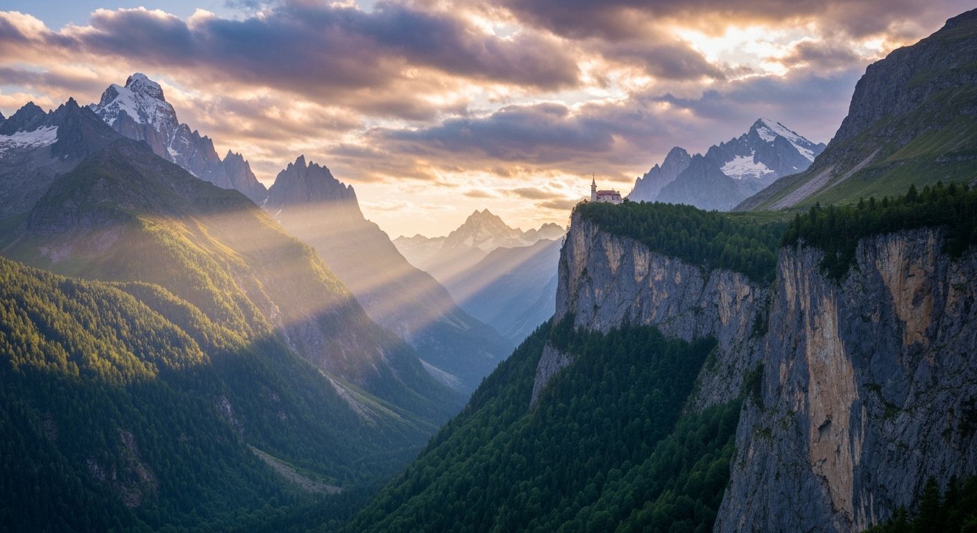 Dreamlike Mountain Valley Sunrise with Golden Light