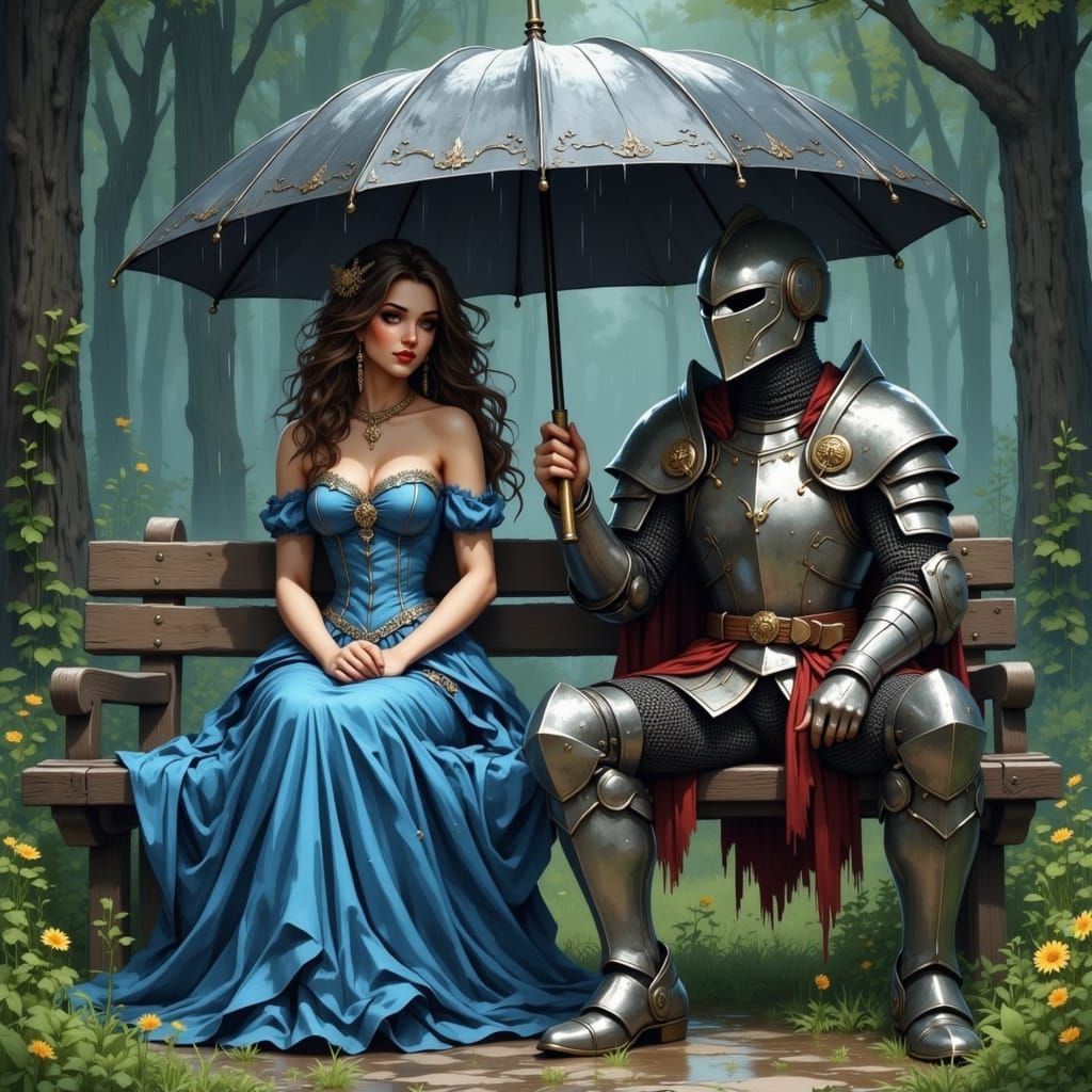 Knight Protects Princess in Rainy Anime Scene