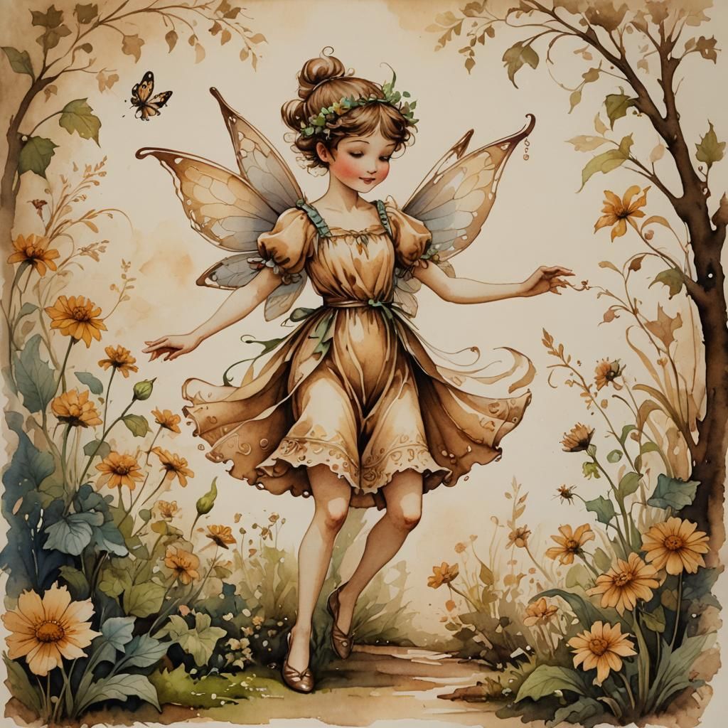 Whimsical Pixie Dances in Garden: Hand-Painted Watercolor