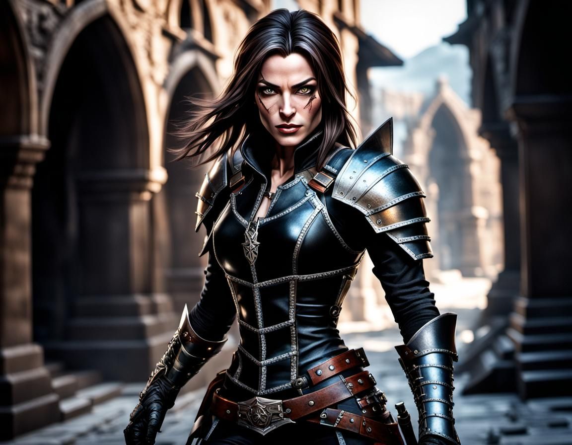 Female Rogue in Black Leather Armor Attacks