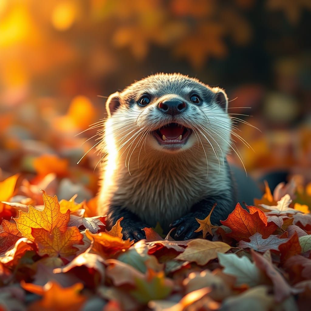 Happy Otter Plays in Autumn Leaves: Photorealistic Splash Ar...