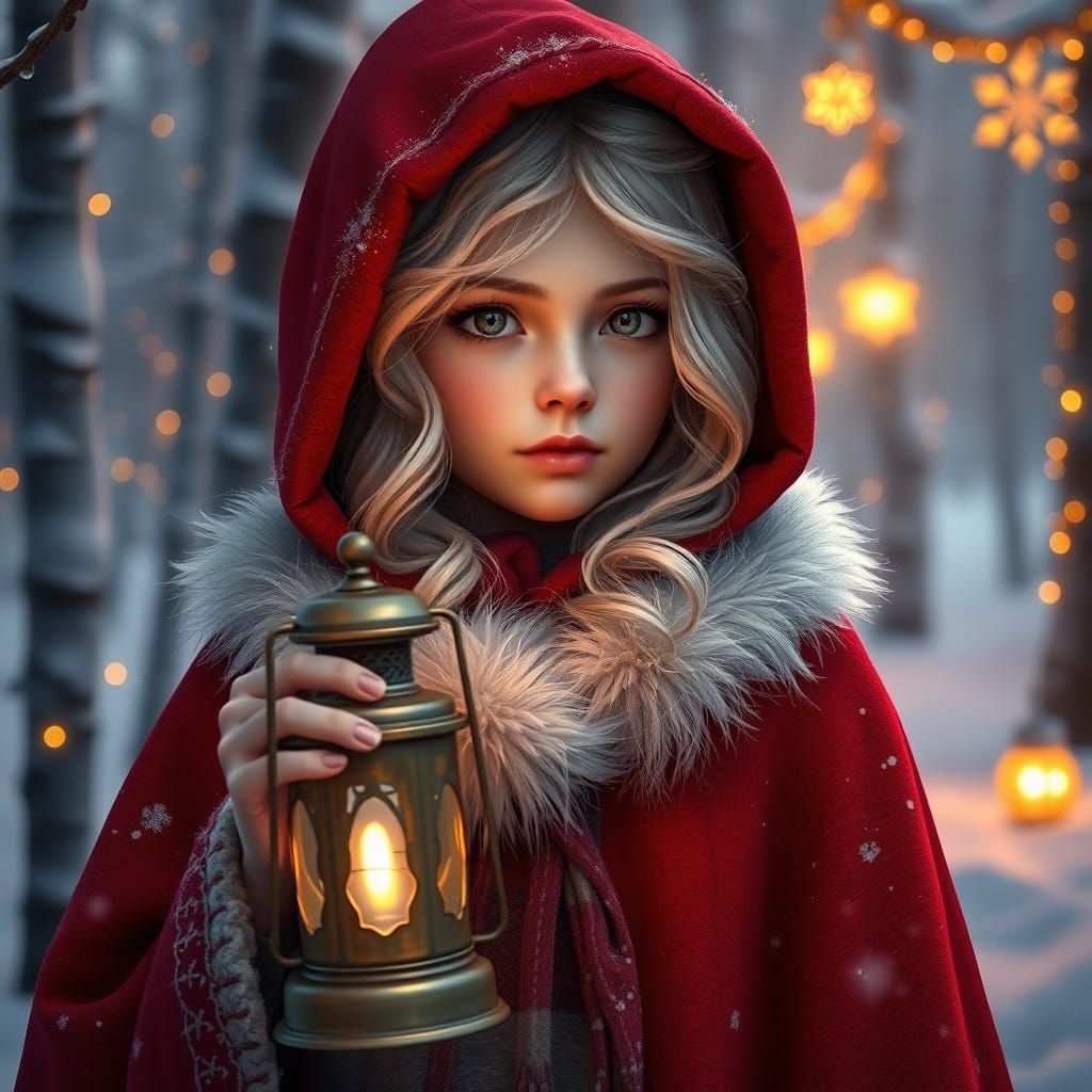 Girl in Red Cape with Lantern in Snowy Forest