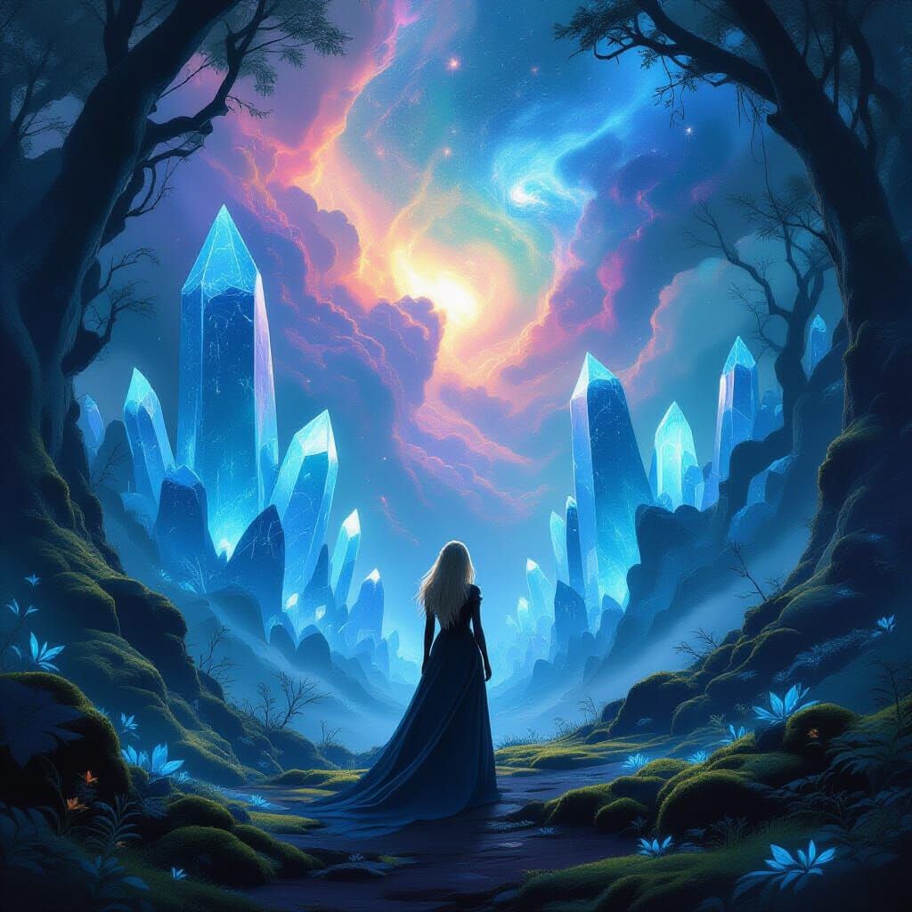 Woman in Bioluminescent Forest Under Swirling Nebulae Sky