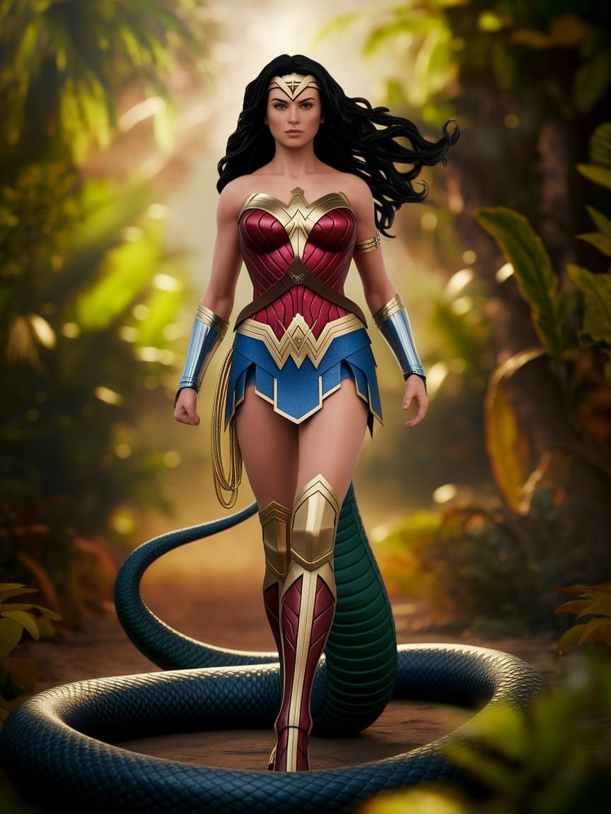 Wonder Woman in the form of a beautiful naga with long snake...