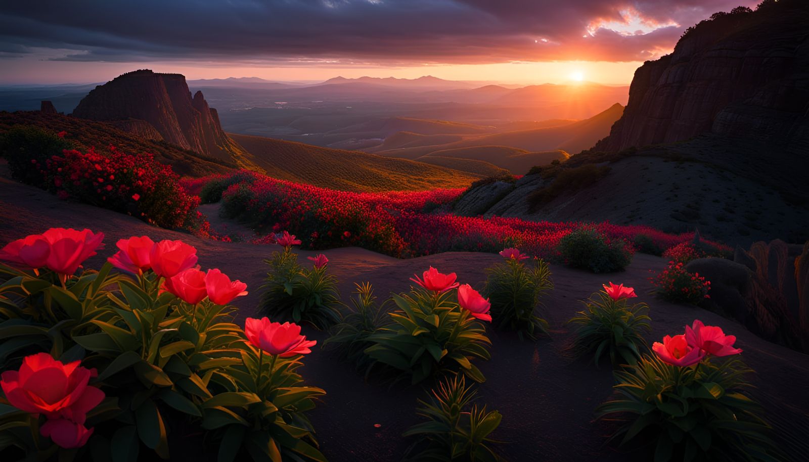 Sinister Desert Garden Sunset in Dark Fantasy Style