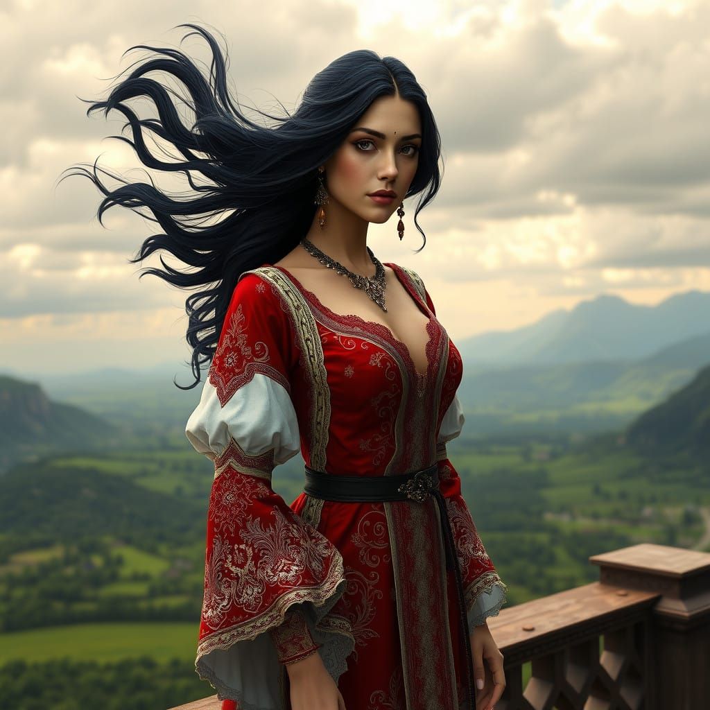 Regal Woman in Ornate Red Dress on Medieval Fantasy Balcony