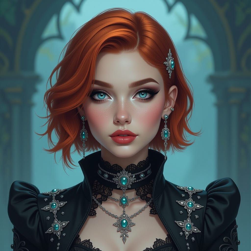 Gothic Girl with Buzzcut in Mystical Setting