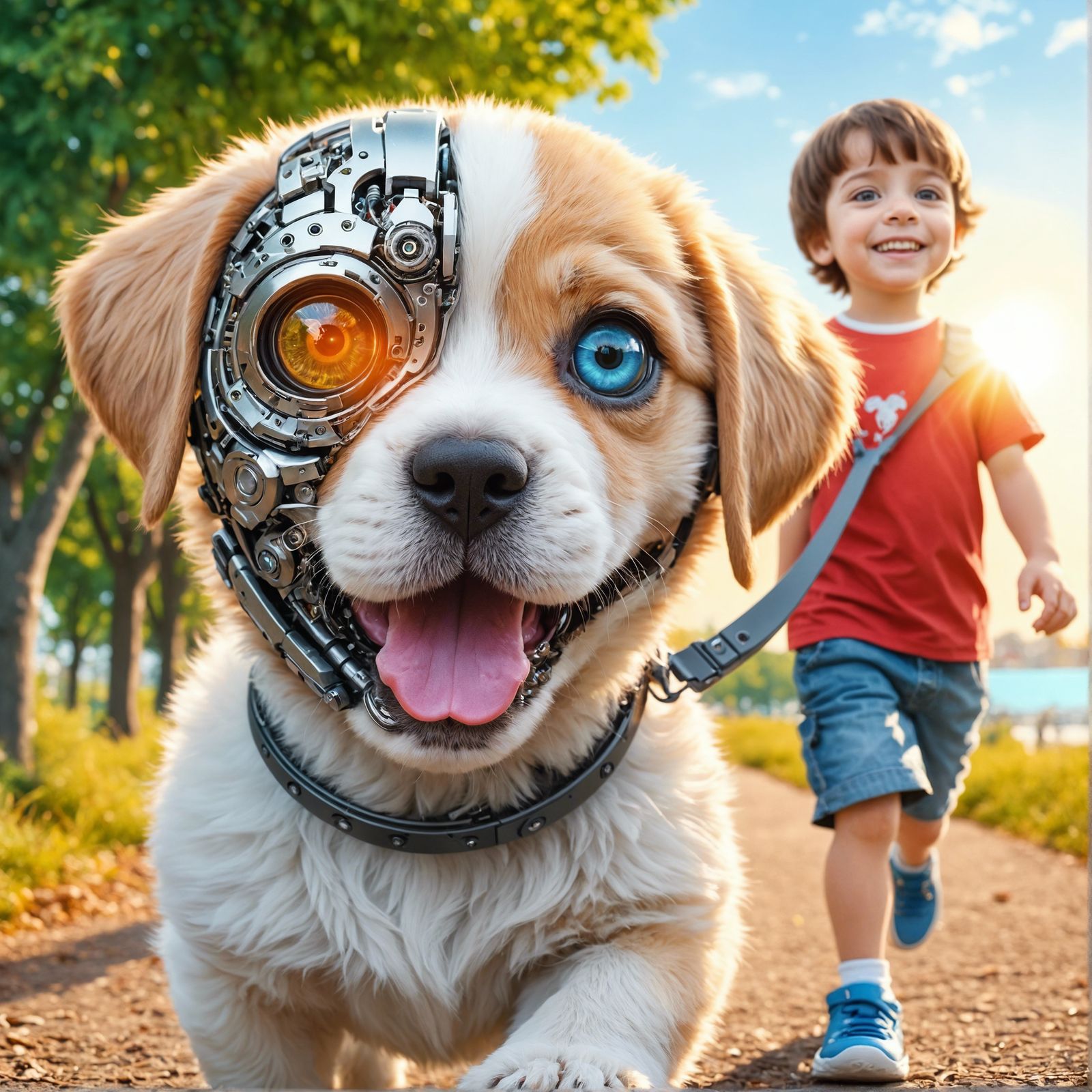Cyborg Puppy and Childlike Owner in Park