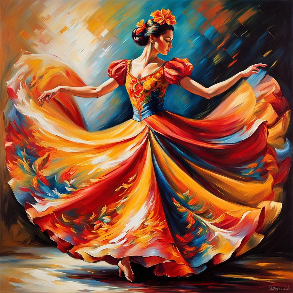 Spanish Dancer in Floral Dress, Oil Painting