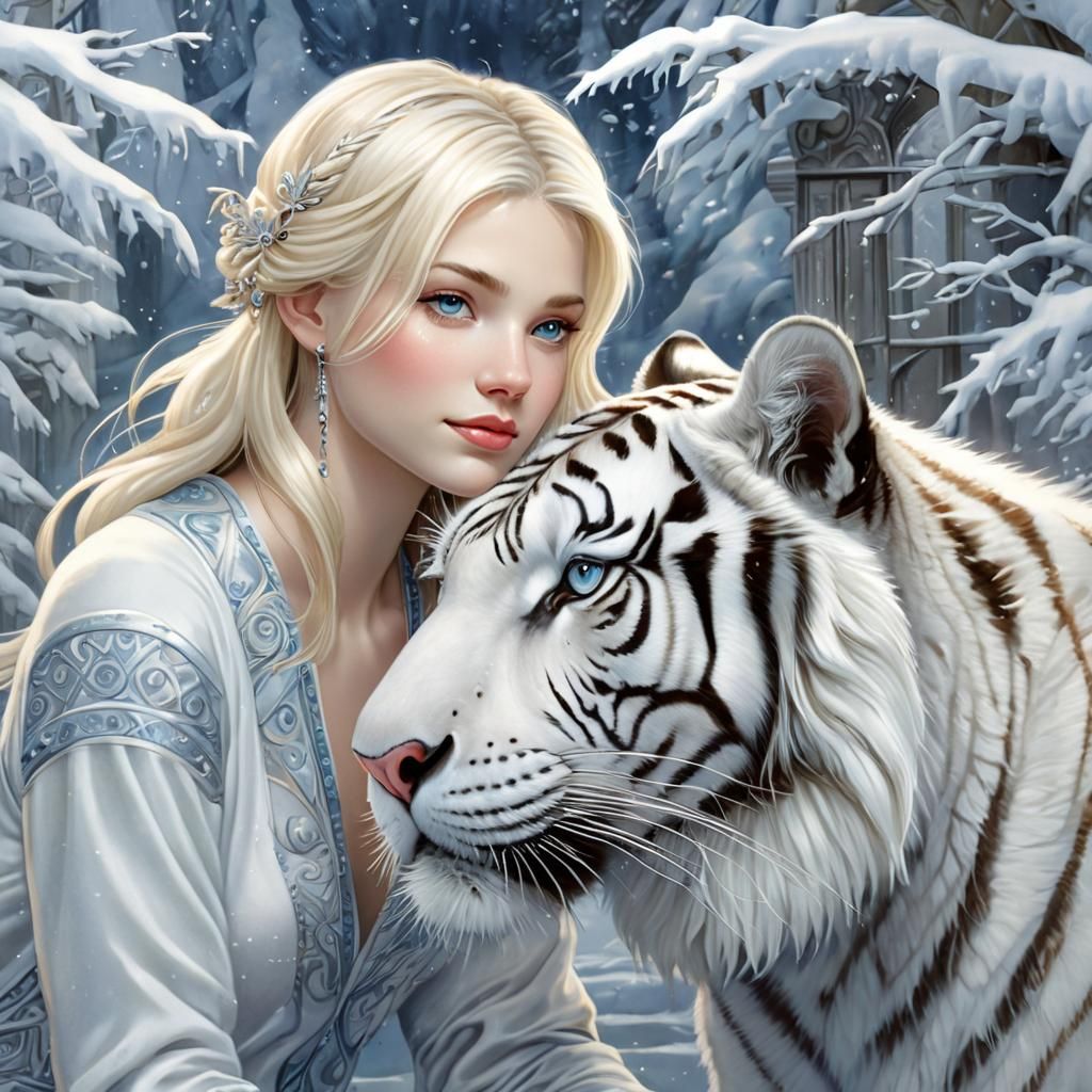 Loving Gaze Between Girl and Tiger in Snowy Scene