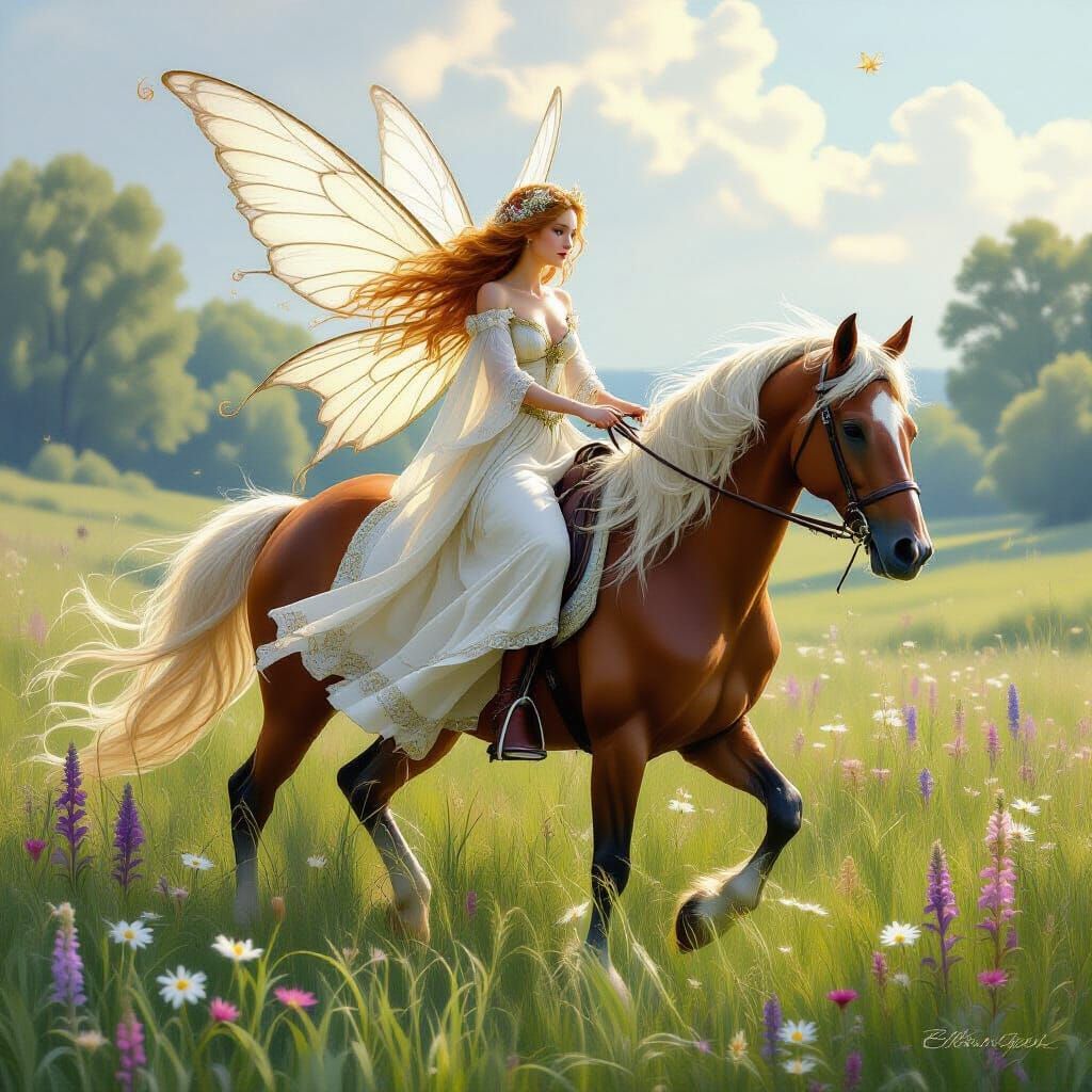Fairy Rides Horse Through Lush Meadow