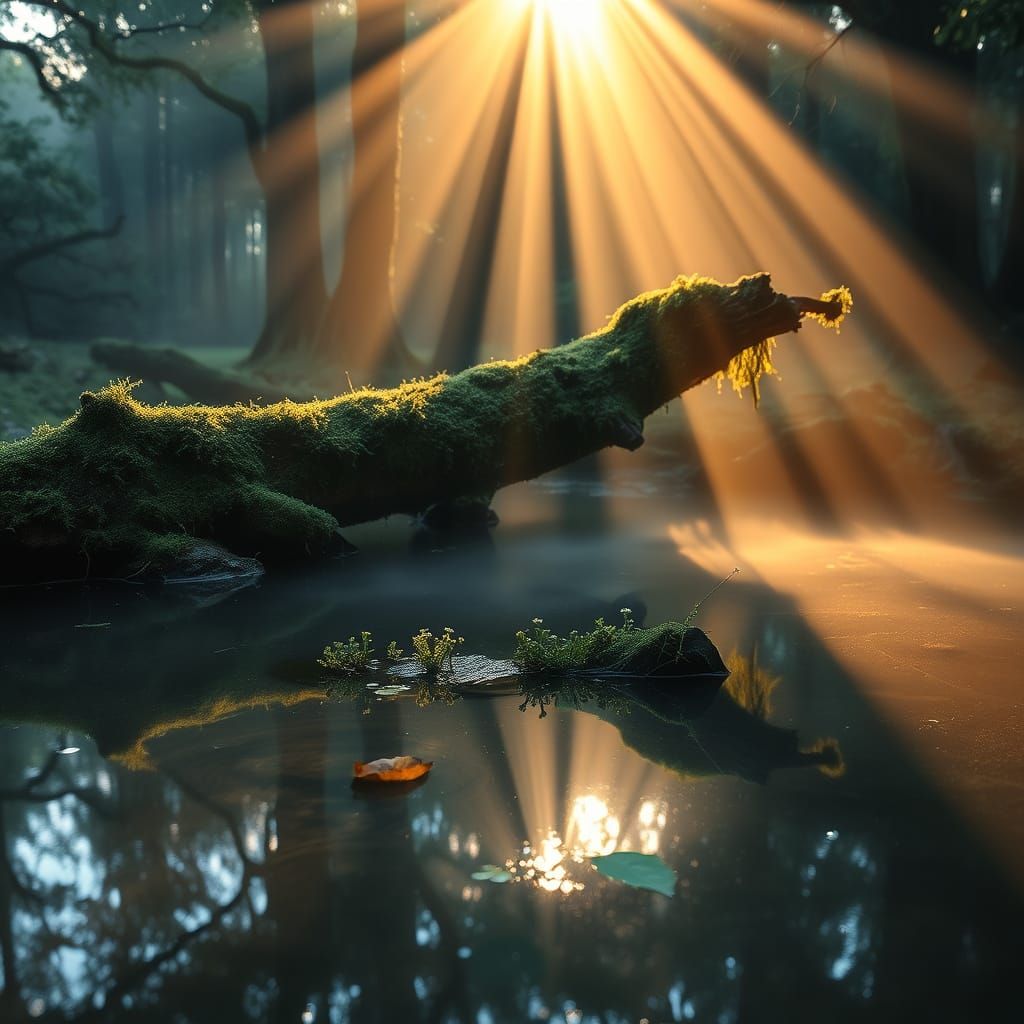 Tranquil Forest Clearing at Dawn with Golden Light