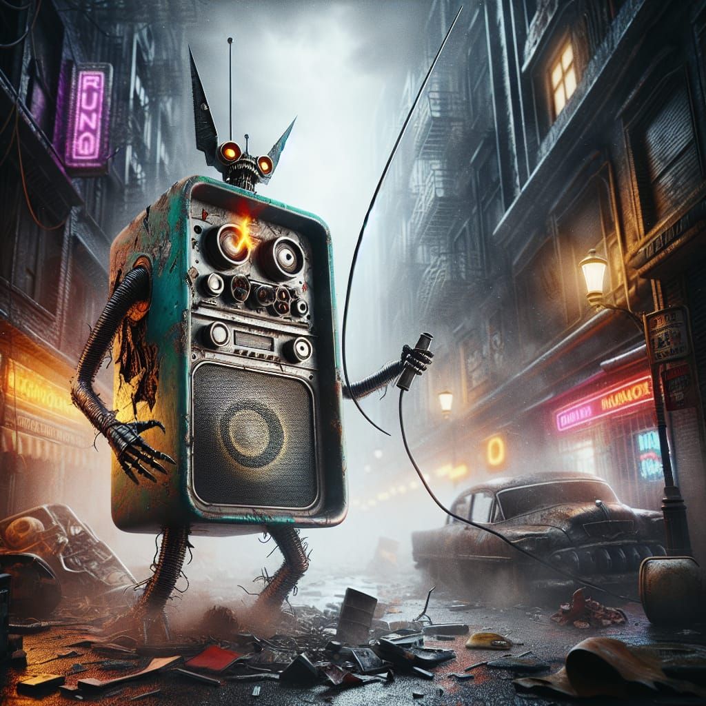 Humanoid Speaker in Dystopian City: Dark Horror Image