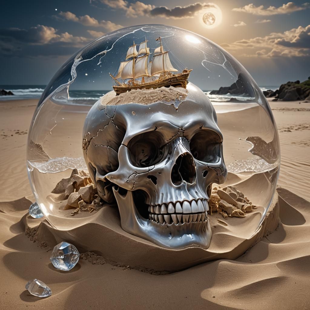 Crystal Skull with Ship Sailing Stormy Ocean