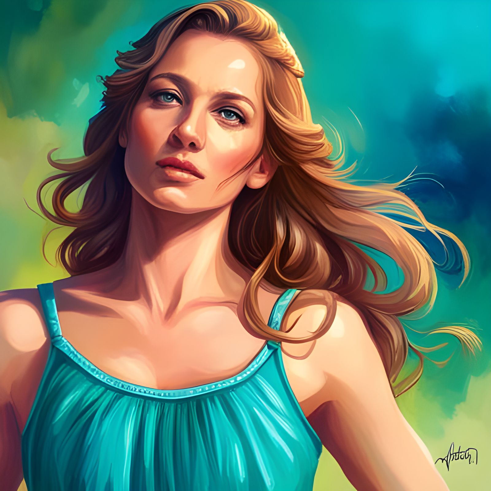 Gorgeous Woman in Turquoise Dress, Hyperdetailed Portrait