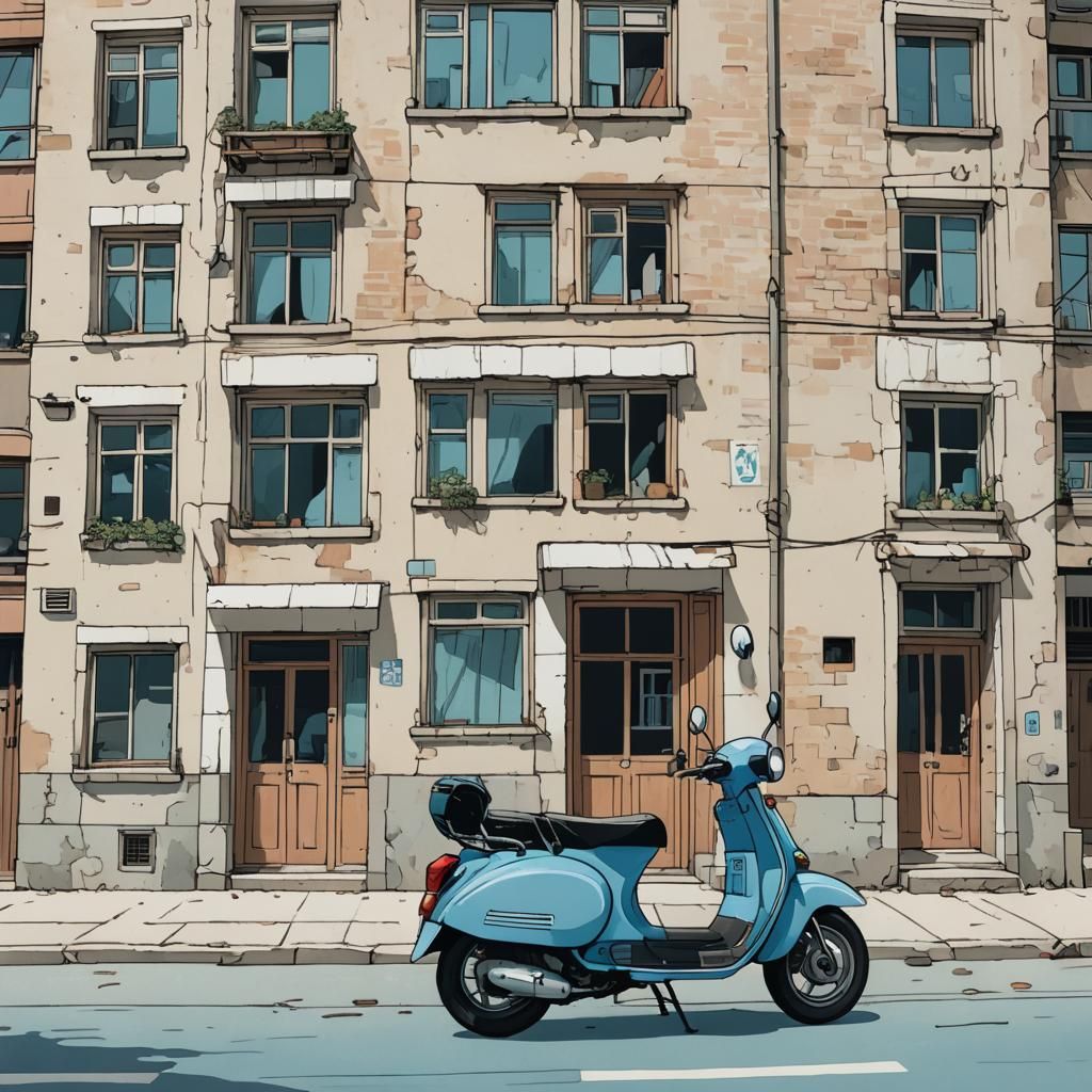 Blue Moped in Korean Street Scene Flat Illustration