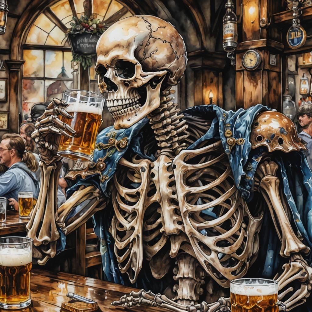 German Skeleton Celebrates Oktoberfest in Watercolor