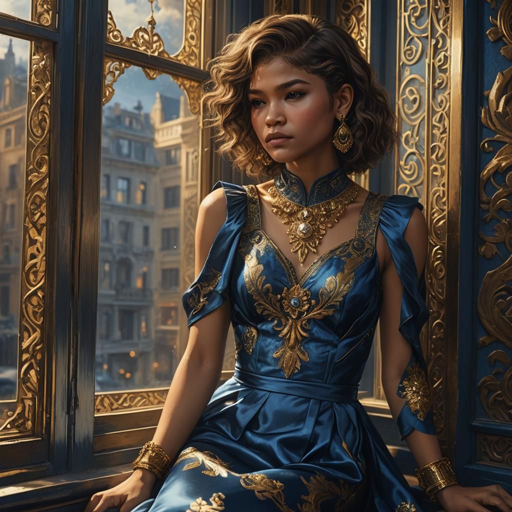 Zendaya in Blue Silk Dress: Fantasy Portrait
