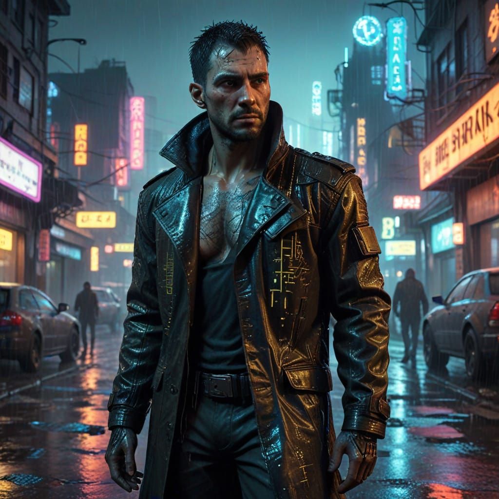 Cyberpunk Detective Investigates Rainy City Crime Scene