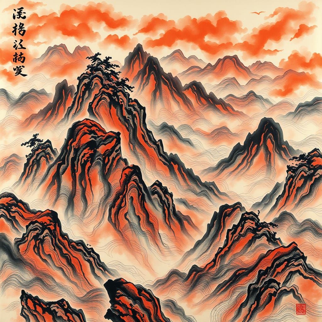 Chinese Landscape Painting with Scorched Ink and Undulations