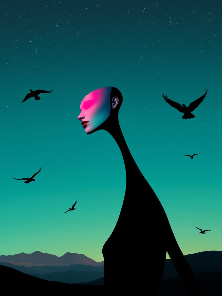 Surreal Figure Gazing at Starlit Sky with Birds