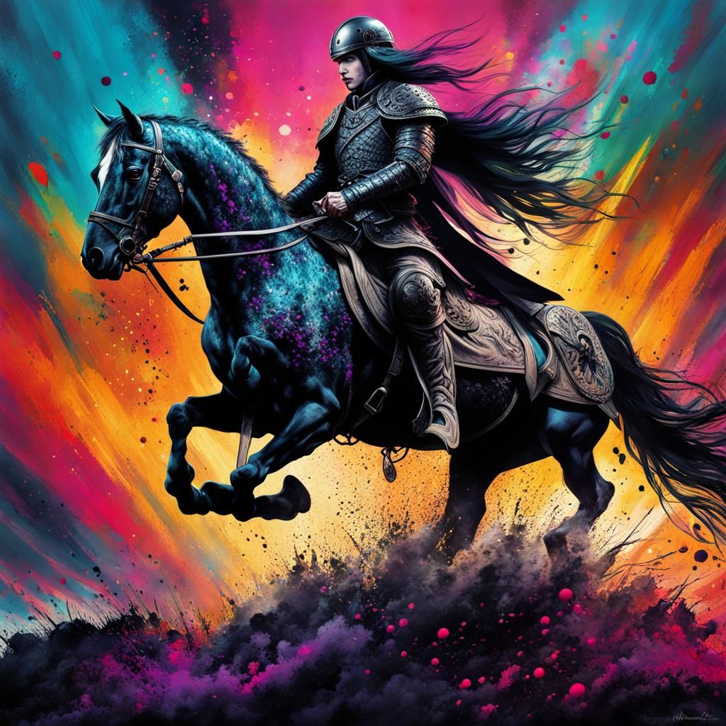 Gothic Warrior Rides Horse in Splatter Art Style