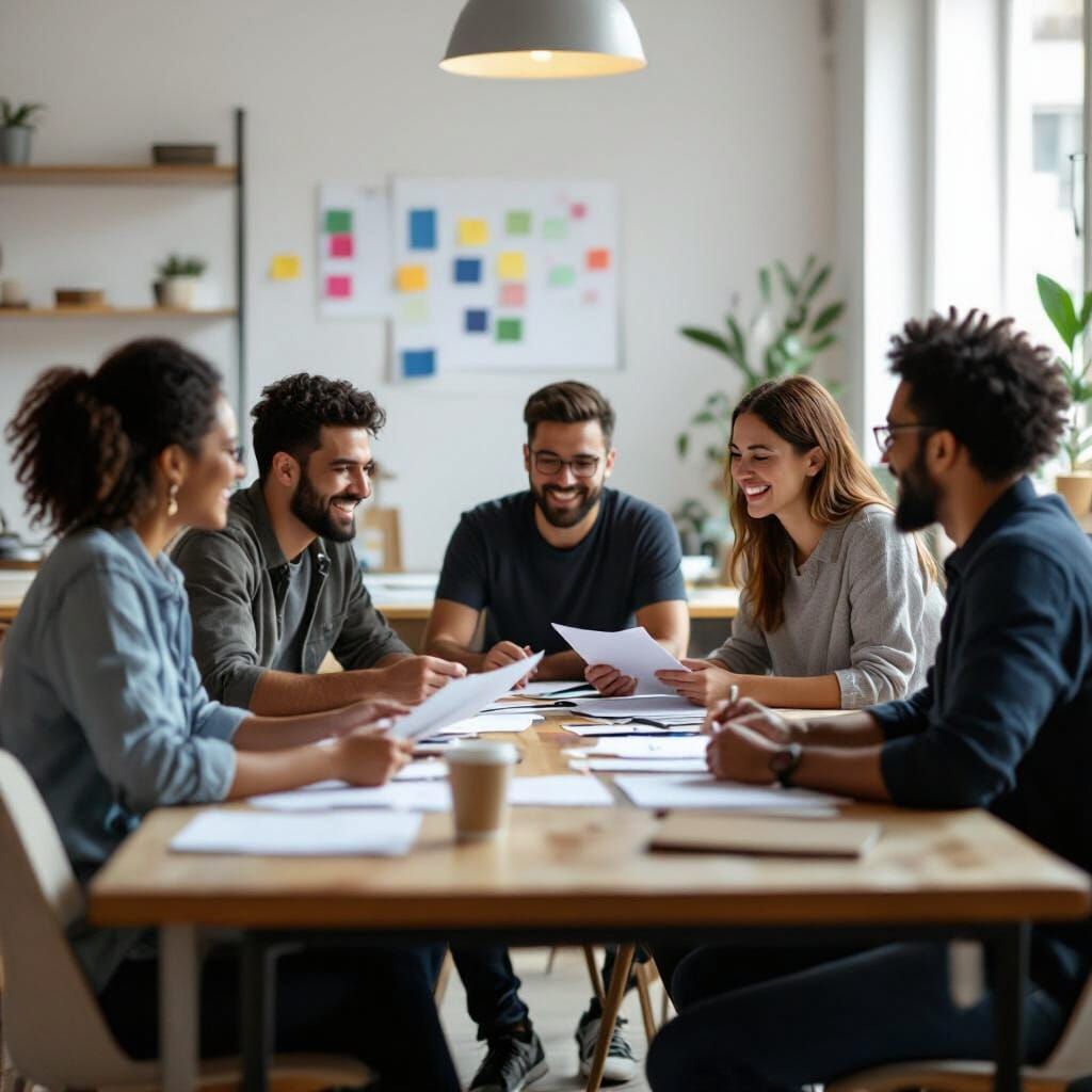 Diverse Team Collaborates in Warm, Realistic Office Setting