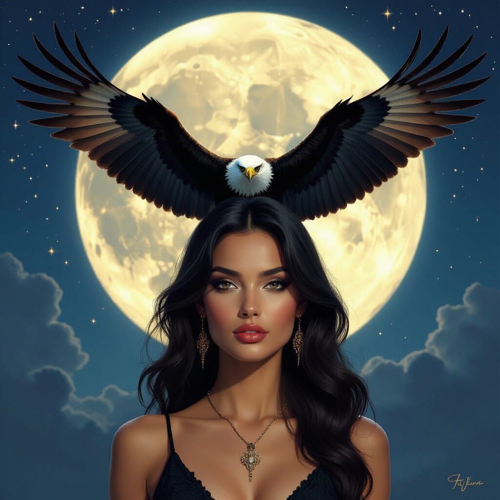 Woman with Black Eyes and Eagle Under Full Moon