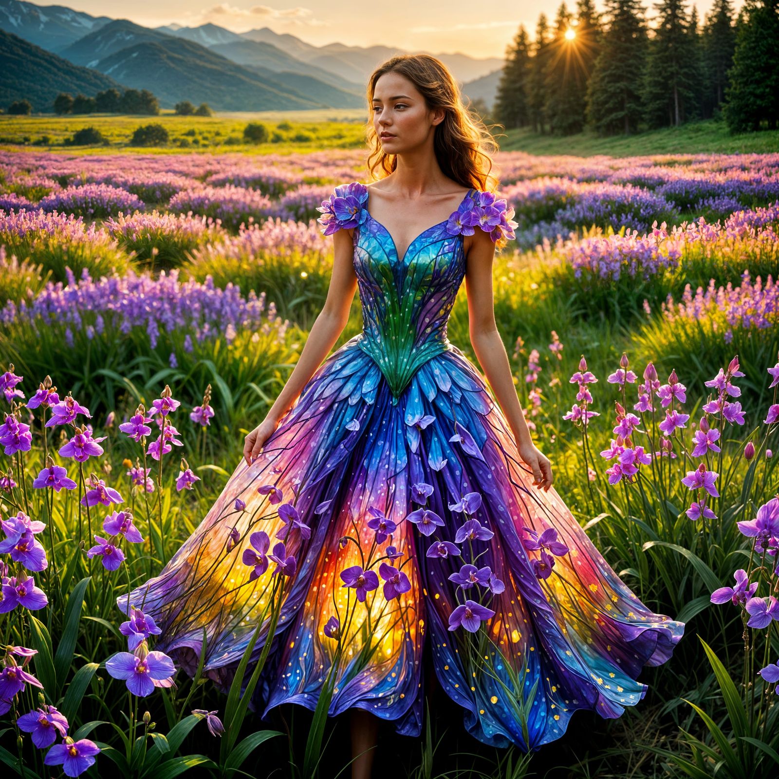 Woman in Orchid Glass Dress in Wildflower Field