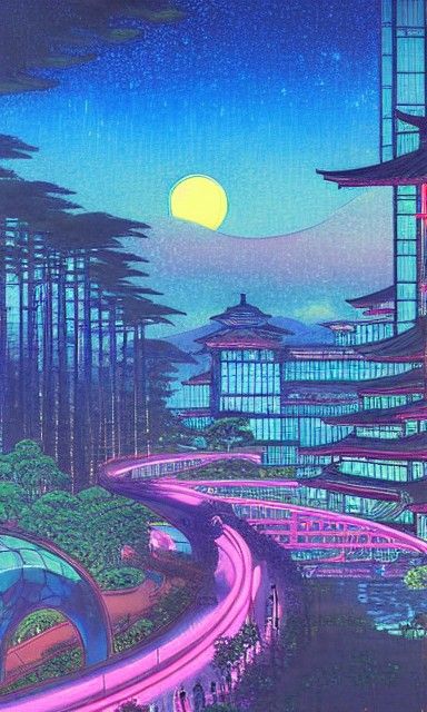 Cyberpunk River Vista with Modern Architecture